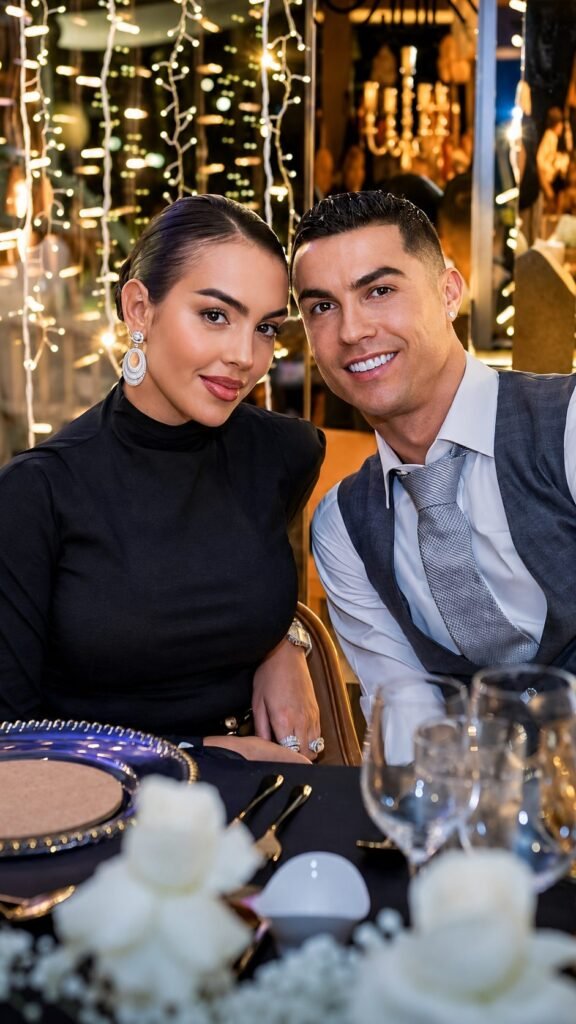 A tight portrait of Georgina Rodriguez and Cristiano Ronaldo leaning together at a dinner table hung with curtains of fairy lights.