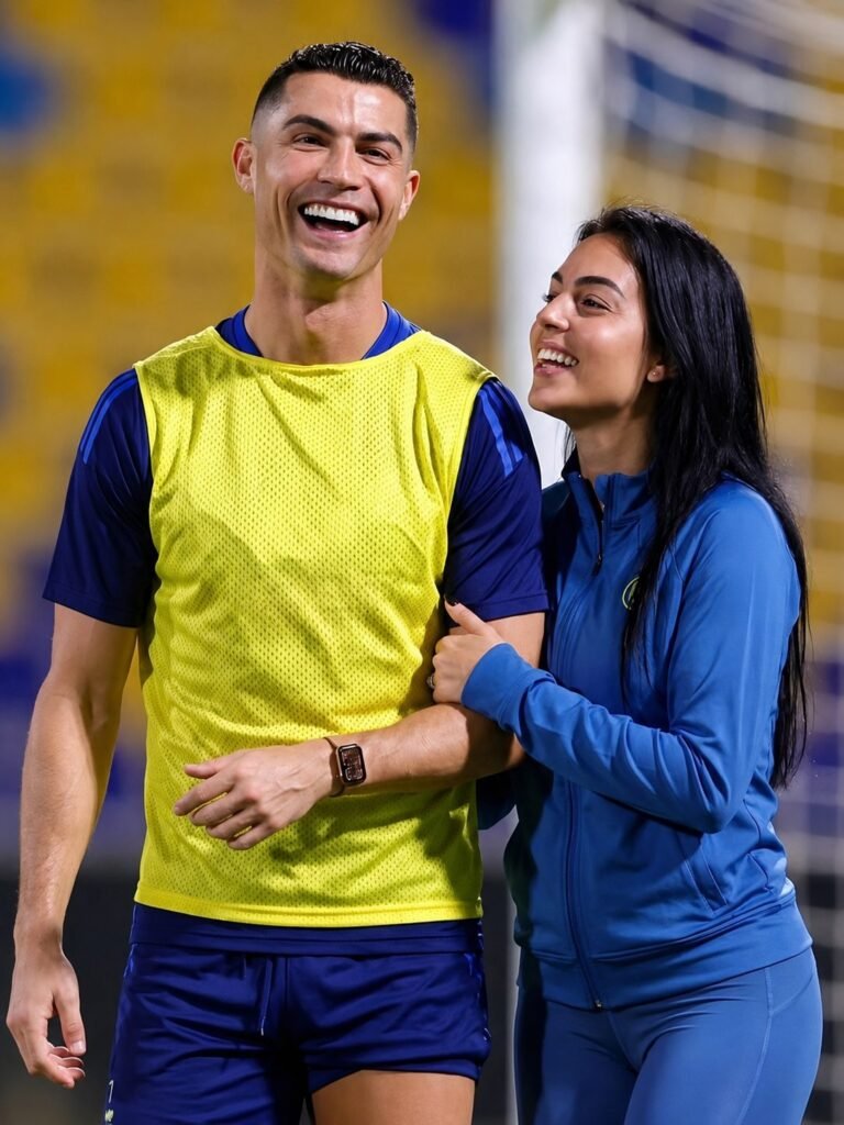 Cristiano Ronaldo laughing on a floodlit training pitch in a yellow training bib, Georgina Rodriguez holding his arm and laughing with him.