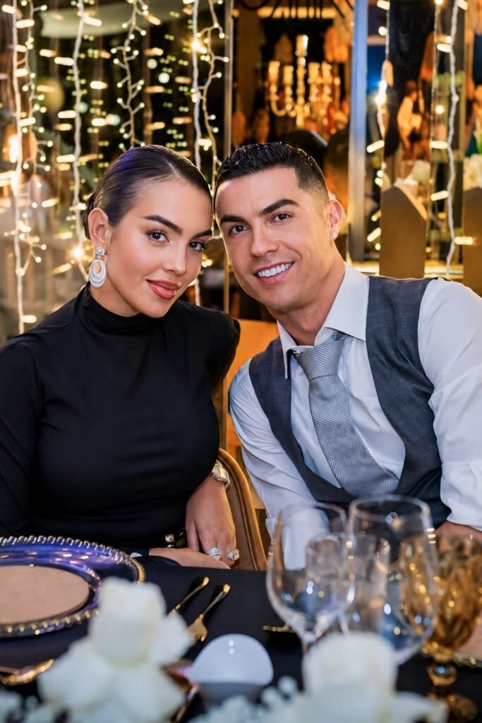 Georgina Rodriguez and Cristiano Ronaldo photographed together at a dinner table beneath hanging fairy lights.