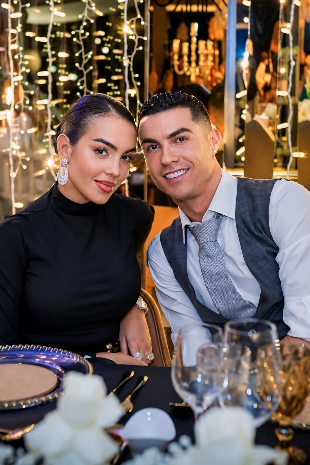 Georgina Rodriguez and Cristiano Ronaldo photographed together at a dinner table beneath hanging fairy lights.