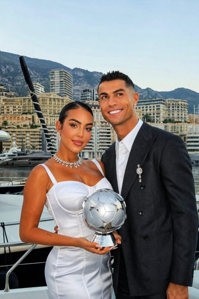Cristiano Ronaldo and Georgina Rodriguez holding a silver football-shaped trophy between them on a boat in a harbour at dusk.